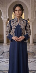 ⁦جلابية نسائية مطرزة بتطريز ذهبي فاخر (تتوفر بألوان متعددة)⁩ - الصورة ⁦3⁩